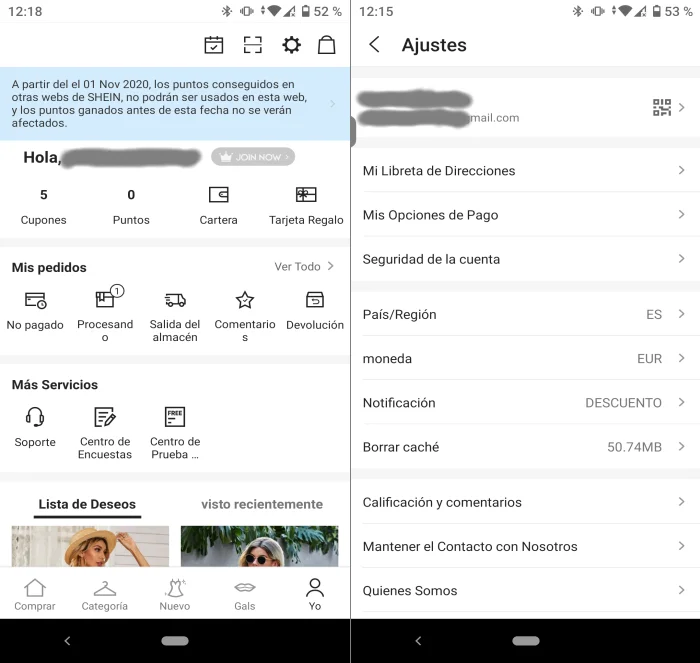 perfil y ajustes de la app